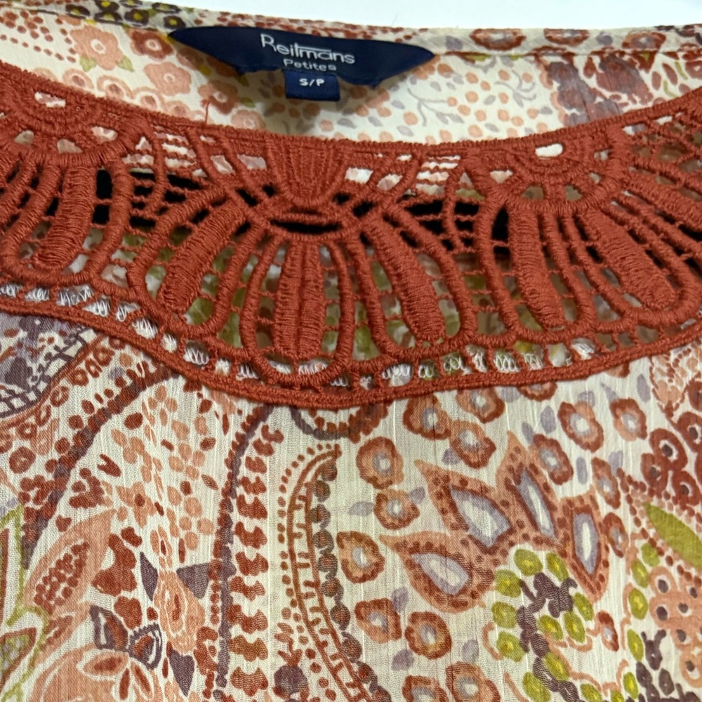 Reitmans Paisley Blouse with Terracotta Crochet Detail - Picture 2 of 7